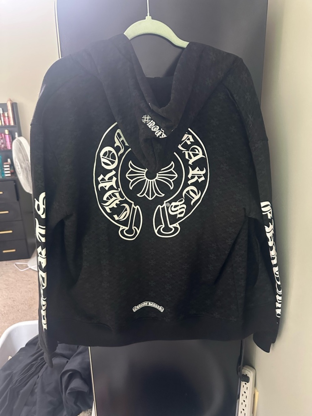 Black Graphic Hooded Zip up with White Horseshoe Chrome Hearts FCUK YOU zip up